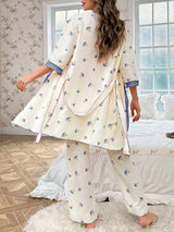 SHEIN CottageSlumber طقم بيجامة 3 قطع بتوب بدون أكمام وكارديجان بأكمام 3/4 وبنطال طويل بخصر مرتفع بلون أزرق