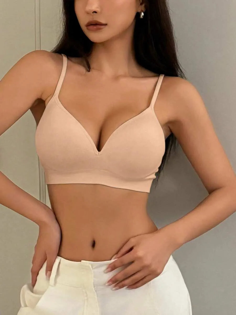 SHEIN DAZY حمالة صدر لاسلكية مضلعة بحشوة بلون مشمشي