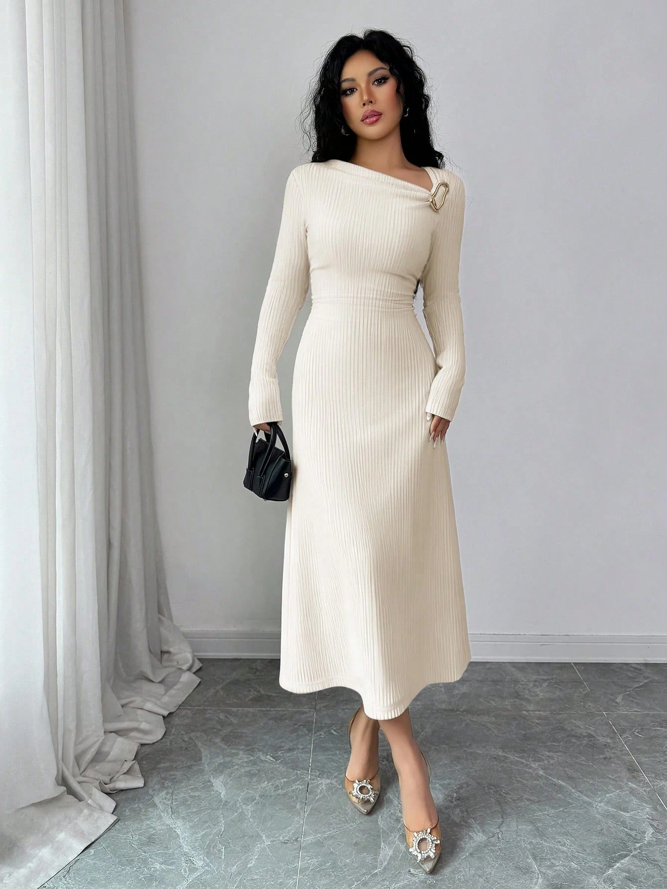 SHEIN Rafferiza فستان كاجوال بأكمام طويلة وياقة مطوية لون مشمشي