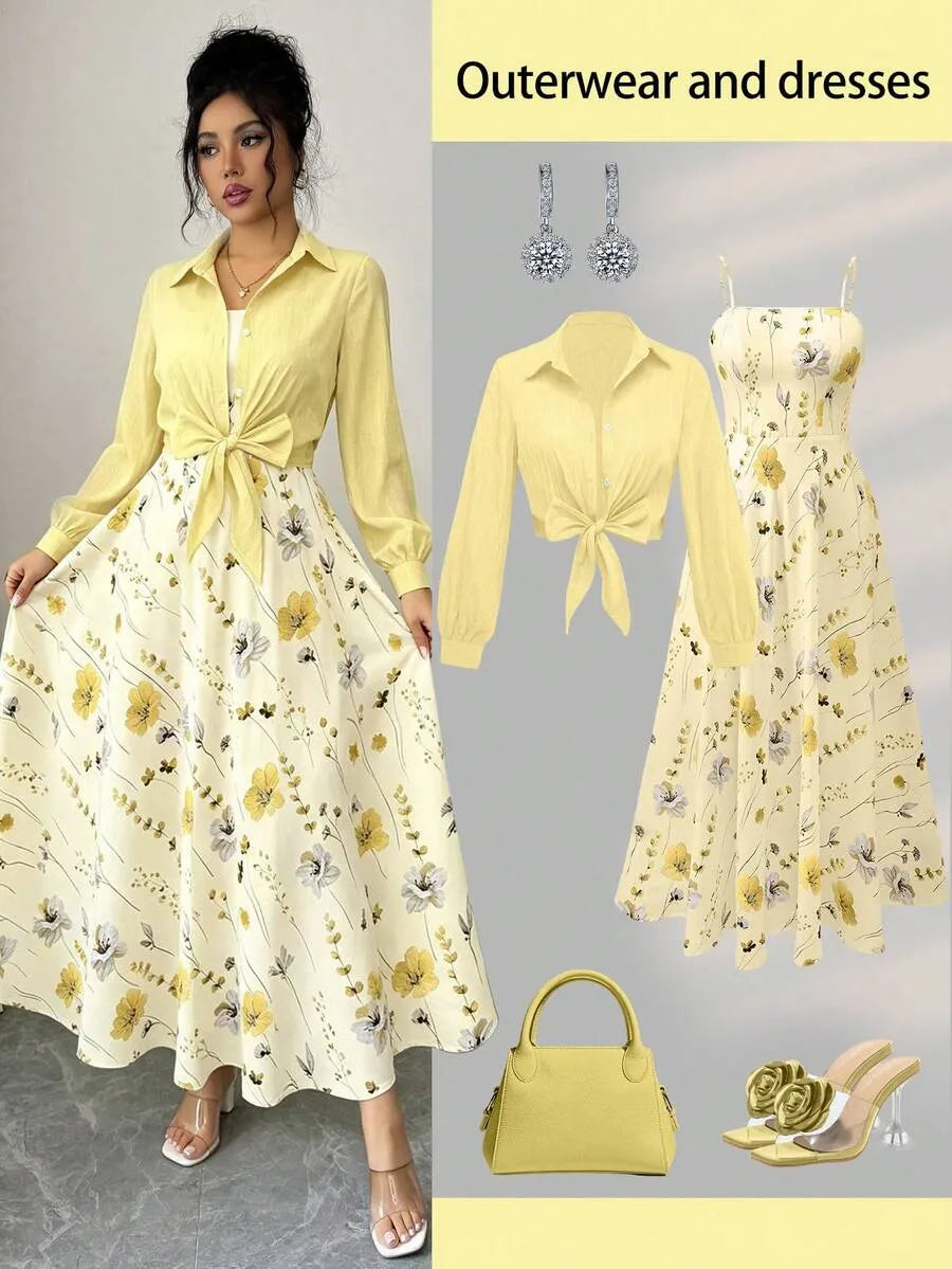 SHEIN طقم فستان مطبوع مع جاكيت بأكمام طويلة بلون أصفر