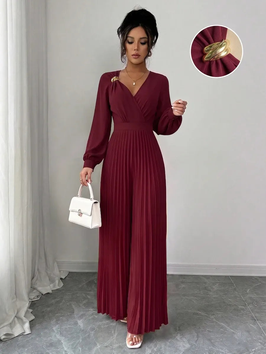 SHEIN Elenzga جمبسوت نسائي بخصر مرتفع وطيات وزهرة ثلاثية الأبعاد بلون عنابي