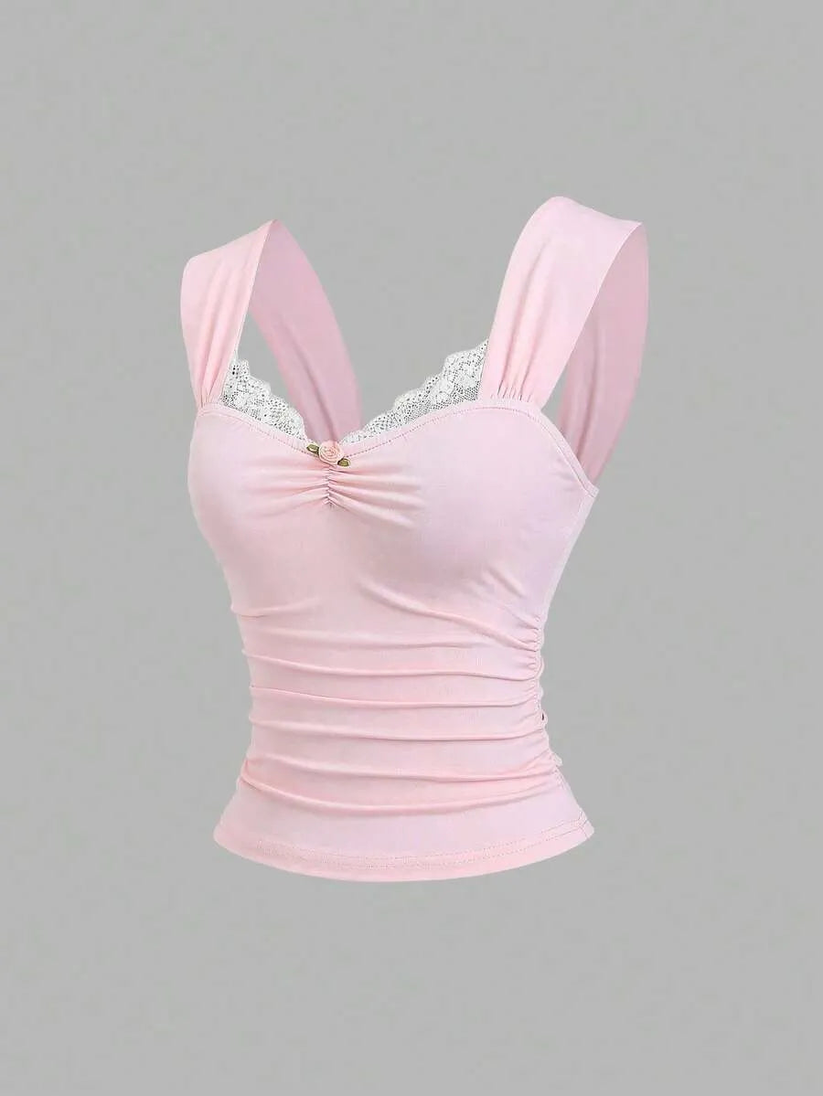 SHEIN طقم نسائي قطعتين (توب بدون أكمام بدانتيل وزهرة + بنطلون واسع الساق)