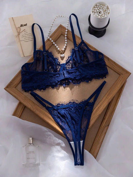 SHEIN طقم ملابس داخلية نسائي من قطعتين بدانتيل وفيونكة بلون أزرق غامق