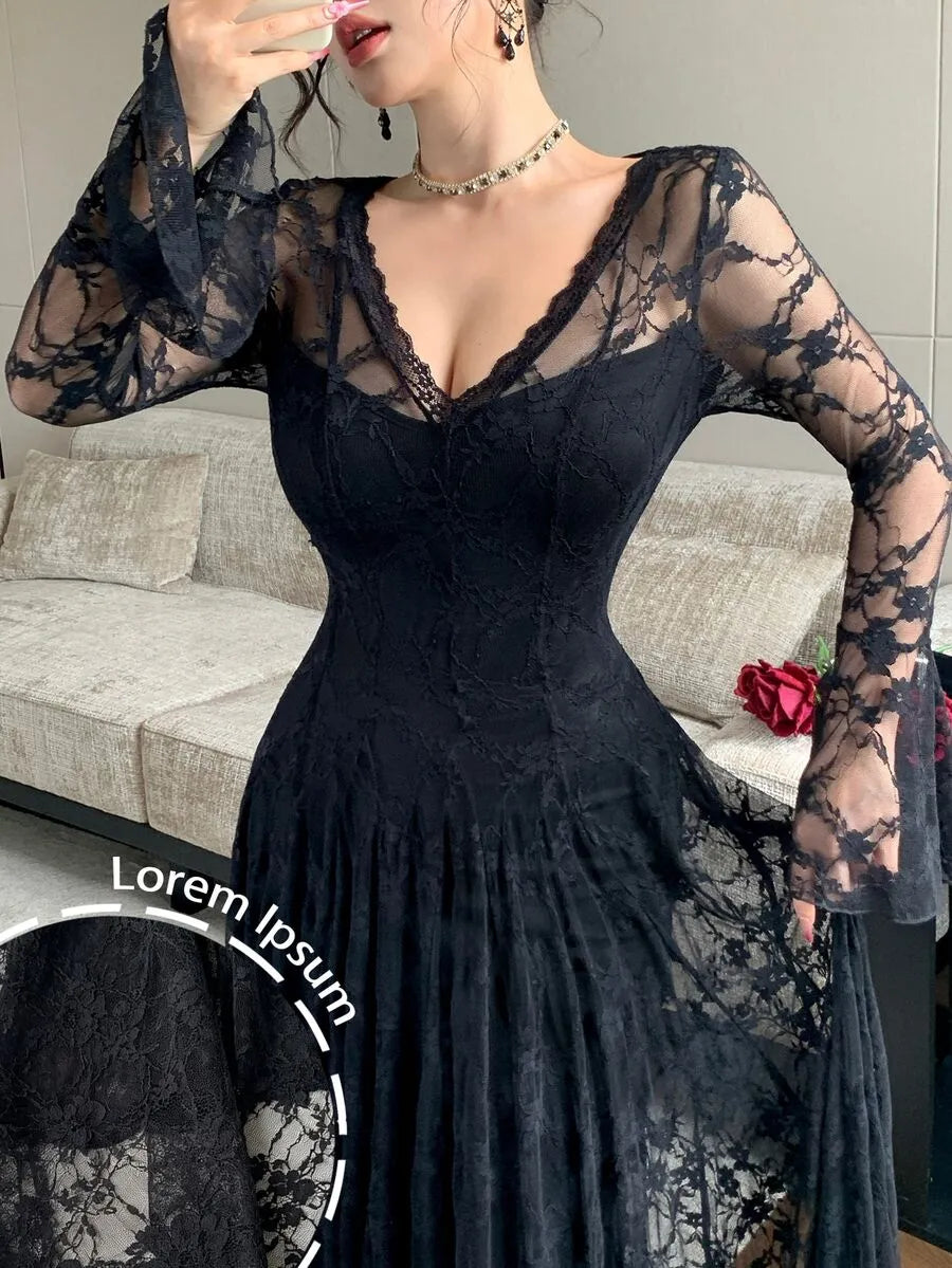 SHEIN Modelyn فستان ميدي بياقة وأكمام طويلة واسعة وتفاصيل دانتيل بلون أسود