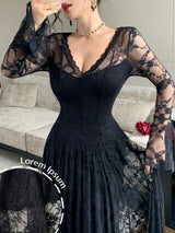SHEIN Modelyn فستان ميدي بياقة وأكمام طويلة واسعة وتفاصيل دانتيل بلون أسود