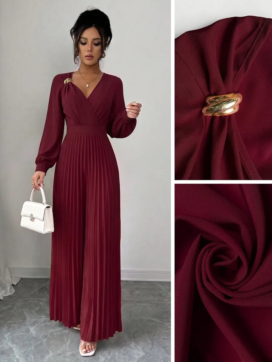 SHEIN Elenzga جمبسوت نسائي بخصر مرتفع وطيات وزهرة ثلاثية الأبعاد بلون عنابي