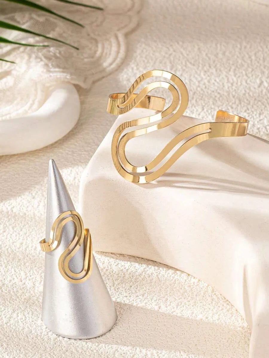 SHEIN سوار وخاتم نسائي بتصميم سلك معدني ملتوي ونقشة جلد الفهد