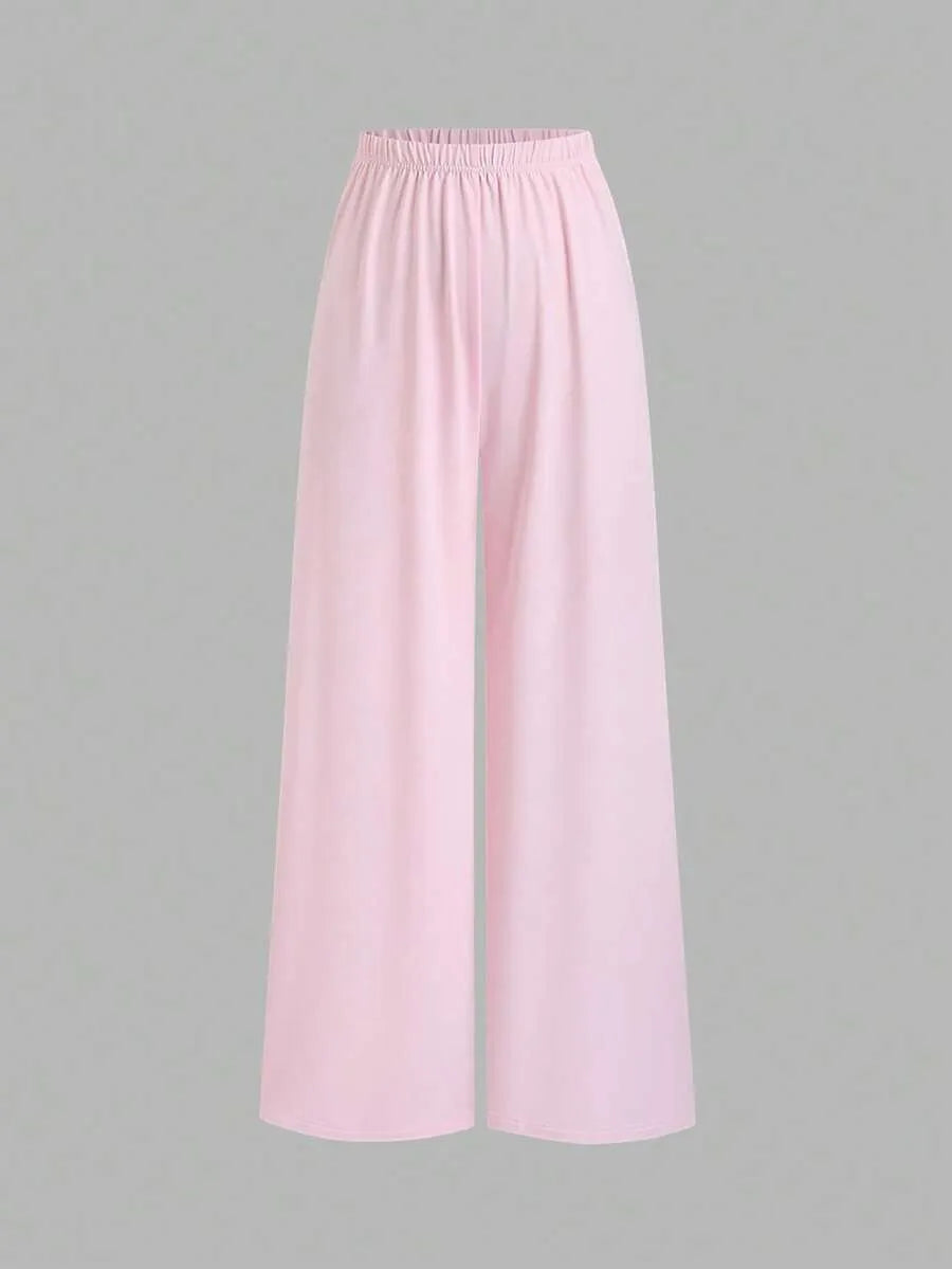 SHEIN طقم نسائي قطعتين (توب بدون أكمام بدانتيل وزهرة + بنطلون واسع الساق)