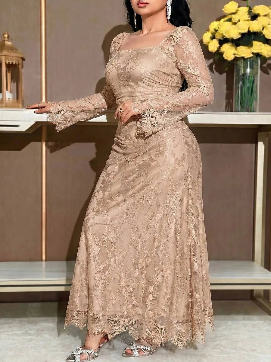 SHEIN Feyla فستان نسائي من الدانتيل بياقة وأكمام طويلة بلون كاكي