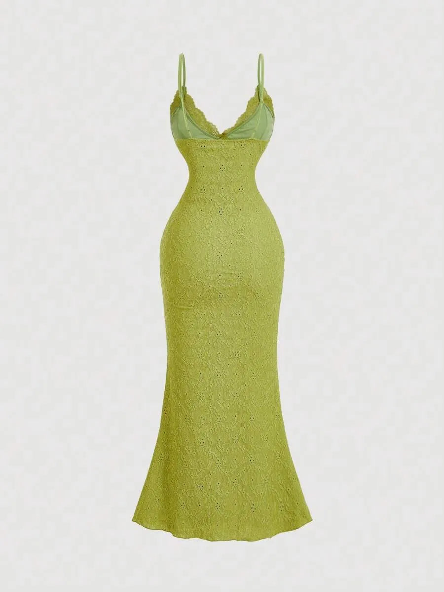 SHEIN MOD فستان نسائي أنيق بحمالات رفيعة ودانتيل وكشكشة وذيل سمكة بلون أخضر