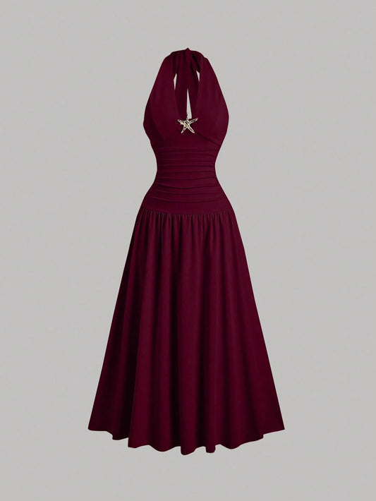 SHEIN Sweetra فستان ماكسي سوينغ بياقة منخفضة مزين بالمعدن