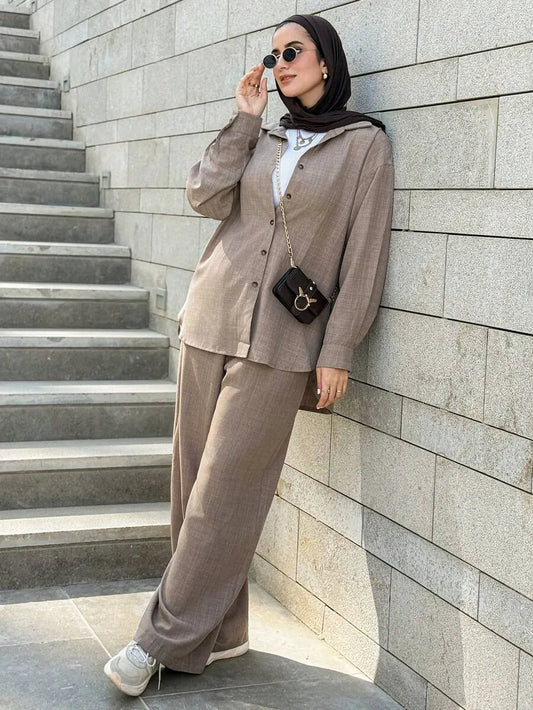 SHEIN DAZY طقم نسائي محتشم من قطعتين: قميص فضفاض وبنطال واسع مريح