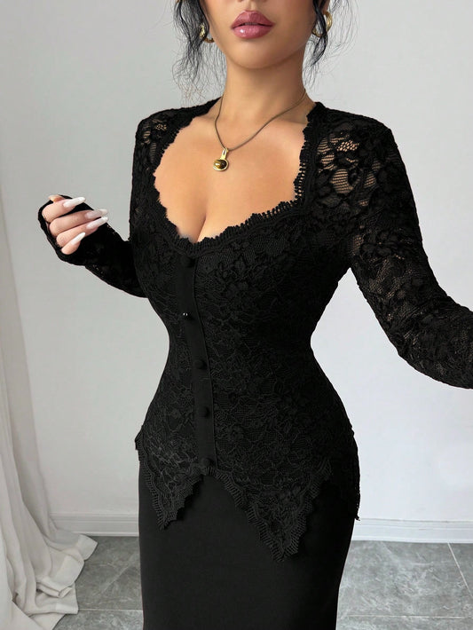 SHEIN Modelyn فستان متوسط الطول بياقة مربعة ودانتيل مع أزرار عند الخصر