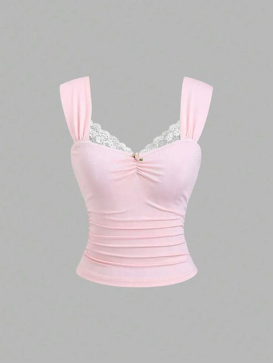 SHEIN طقم نسائي قطعتين (توب بدون أكمام بدانتيل وزهرة + بنطلون واسع الساق)