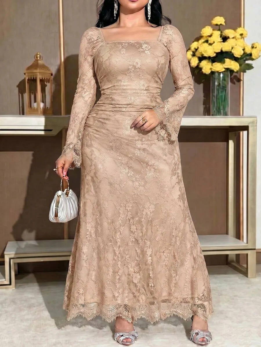 SHEIN Feyla فستان نسائي من الدانتيل بياقة وأكمام طويلة بلون كاكي