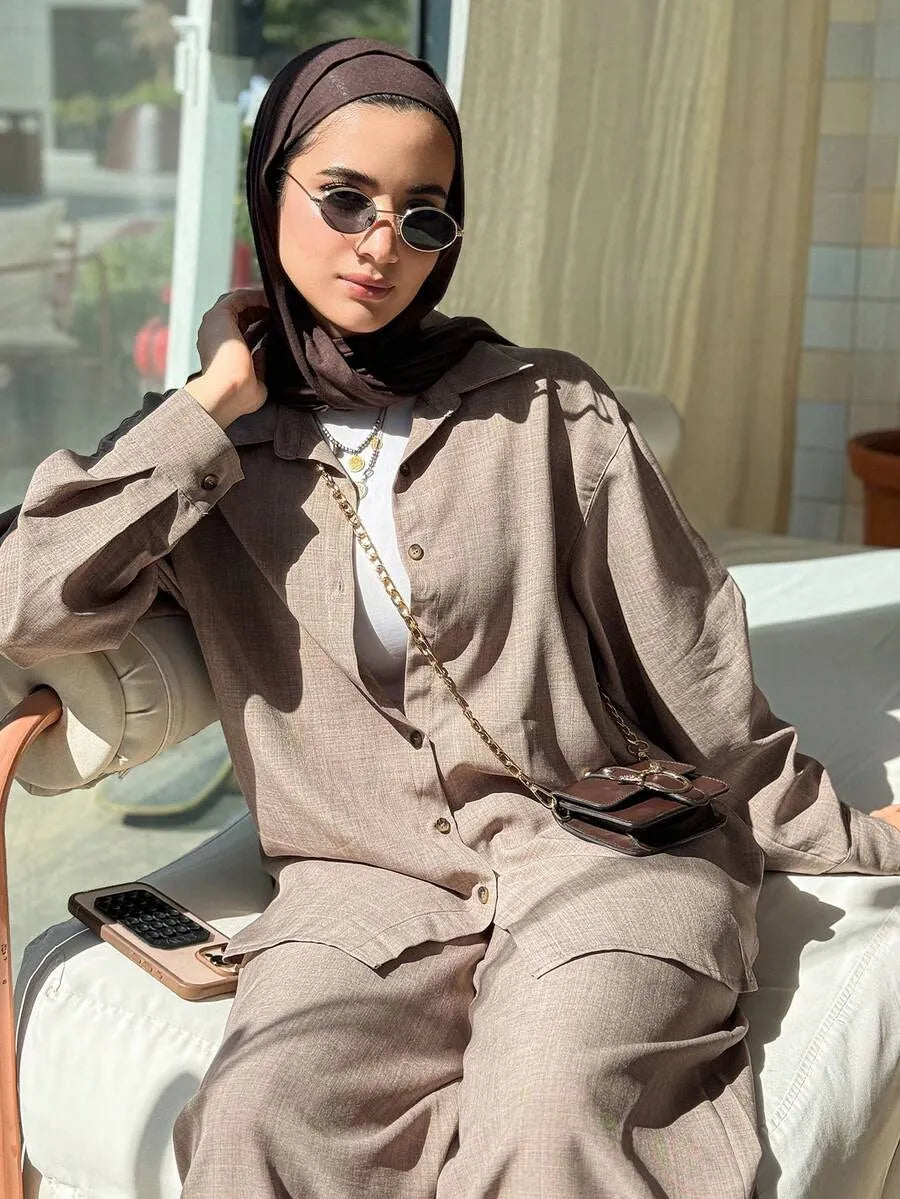 SHEIN DAZY طقم نسائي محتشم من قطعتين: قميص فضفاض وبنطال واسع مريح