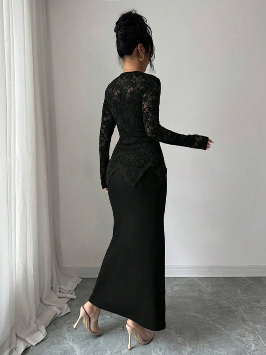 SHEIN Modelyn فستان أسود بياقة مربعة وتفاصيل من الدانتيل