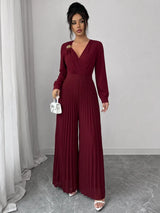 SHEIN Elenzga جمبسوت نسائي بخصر مرتفع وطيات وزهرة ثلاثية الأبعاد بلون عنابي