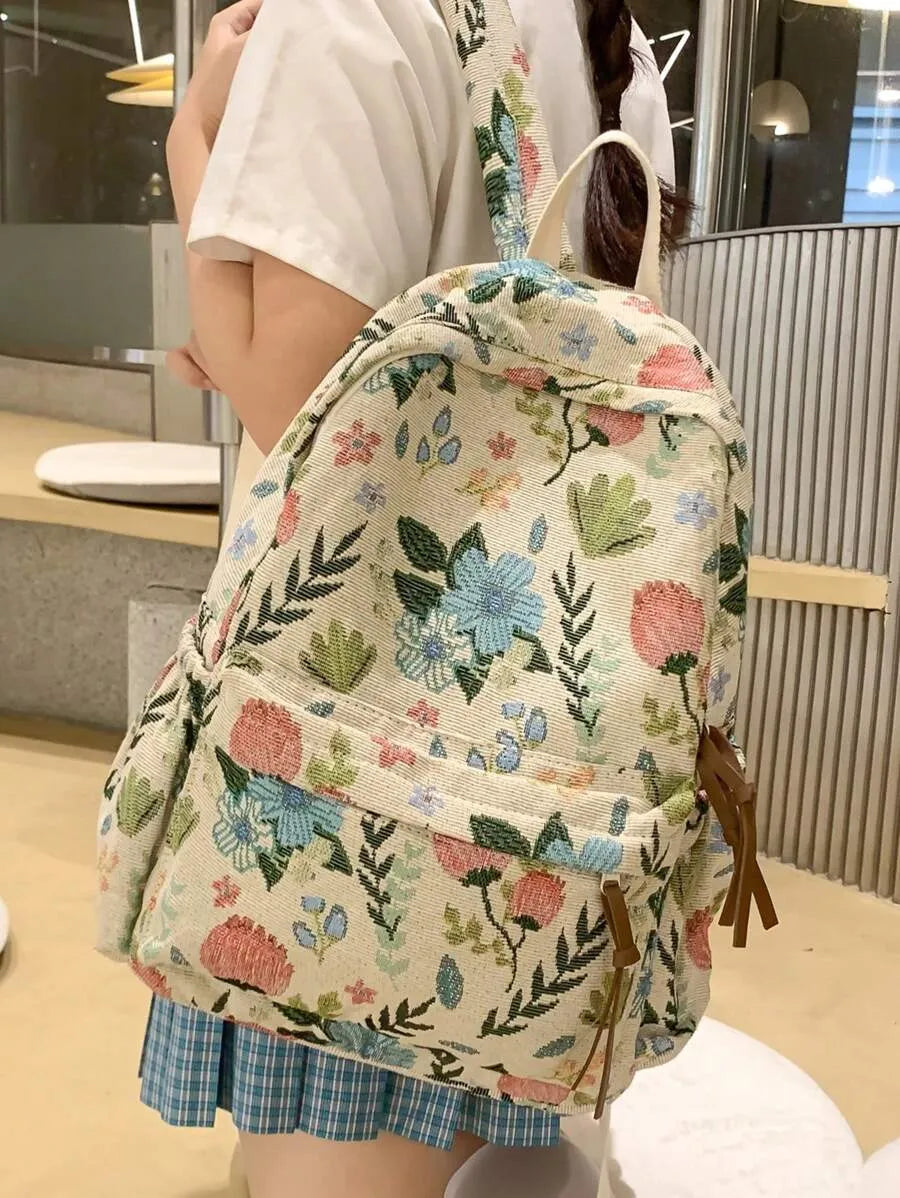 SHEIN حقيبة ظهر كلاسيكية بسعة كبيرة بطباعة زهرية بسيطة للنساء