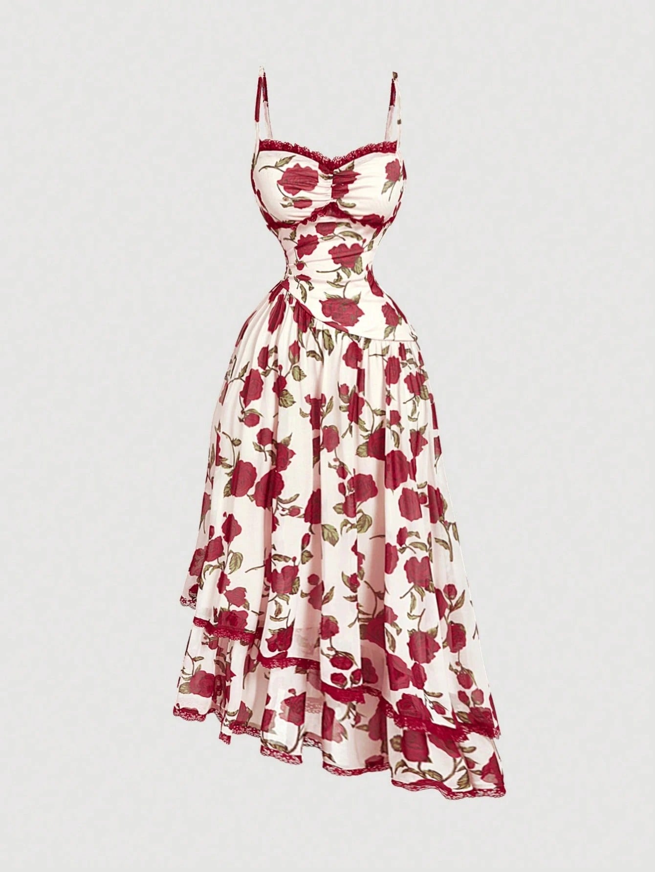 SHEIN MOD فستان انزلاقي بطبعة زهور وياقة دانتيل وثنيات عند الخصر