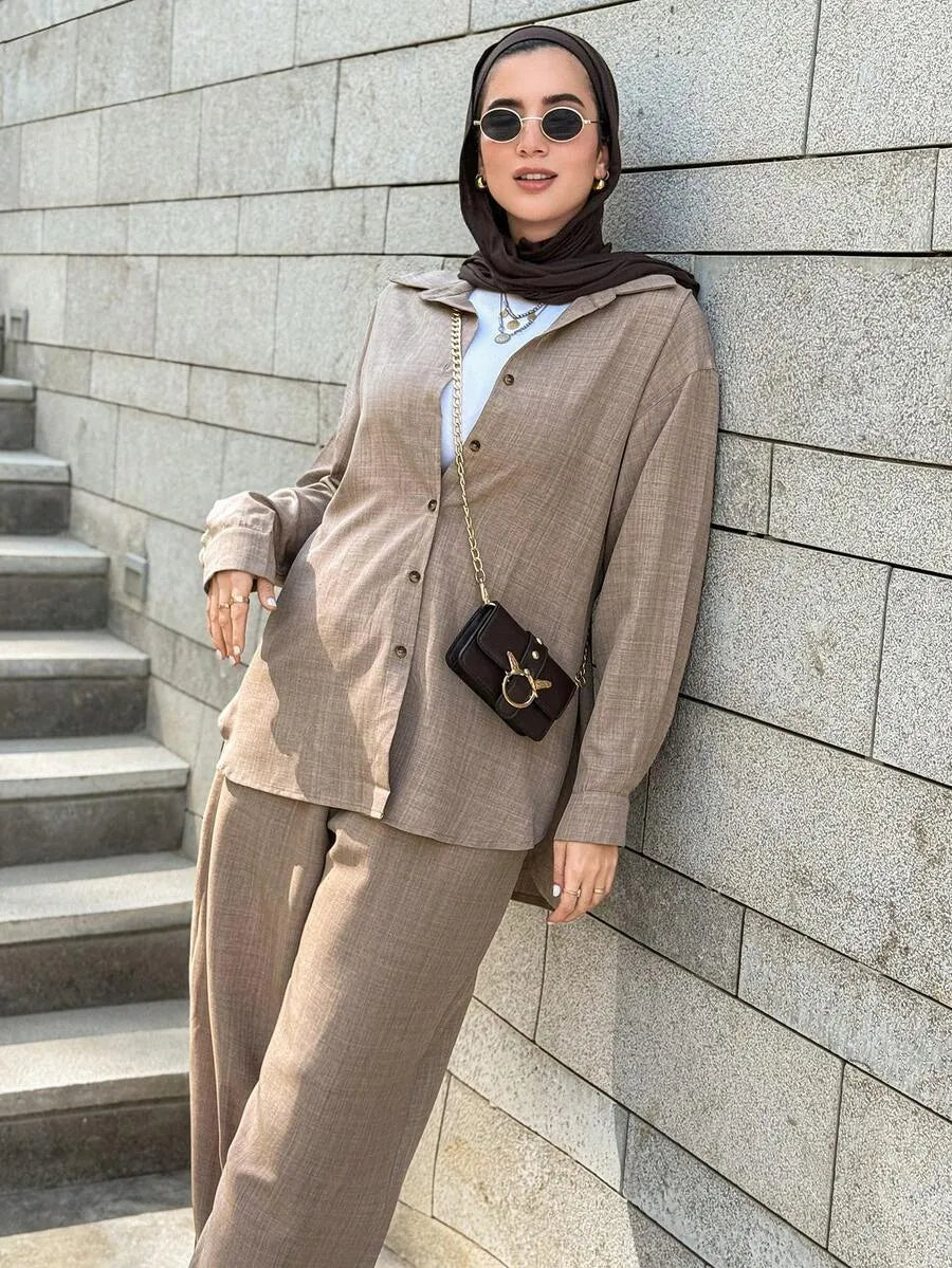 SHEIN DAZY طقم نسائي محتشم من قطعتين: قميص فضفاض وبنطال واسع مريح