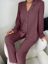 SHEIN Napfluff طقم بيجامة قطعتين بقميص محبوك بأزرار وجيوب وياقة كلاسيكية وبنطال طويل بلون كستنائي
