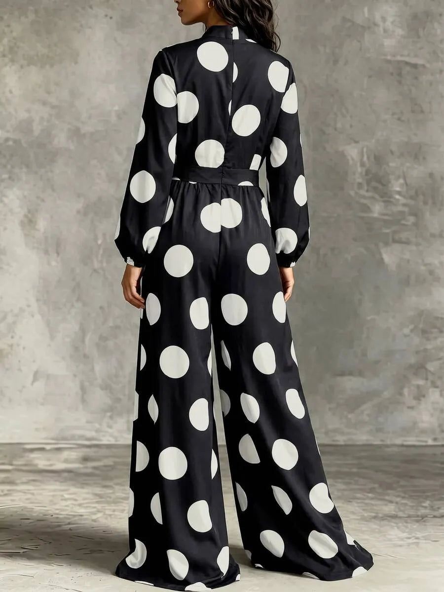 SHEIN جمبسوت نسائي بياقة وأكمام فانوس وجيوب بنقشة بولكا دوت بلون الأسود والأبيض