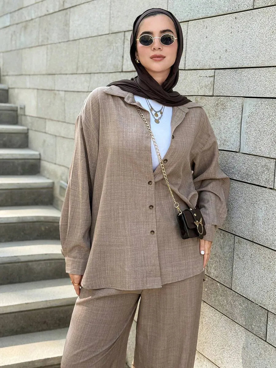 SHEIN DAZY طقم نسائي محتشم من قطعتين: قميص فضفاض وبنطال واسع مريح