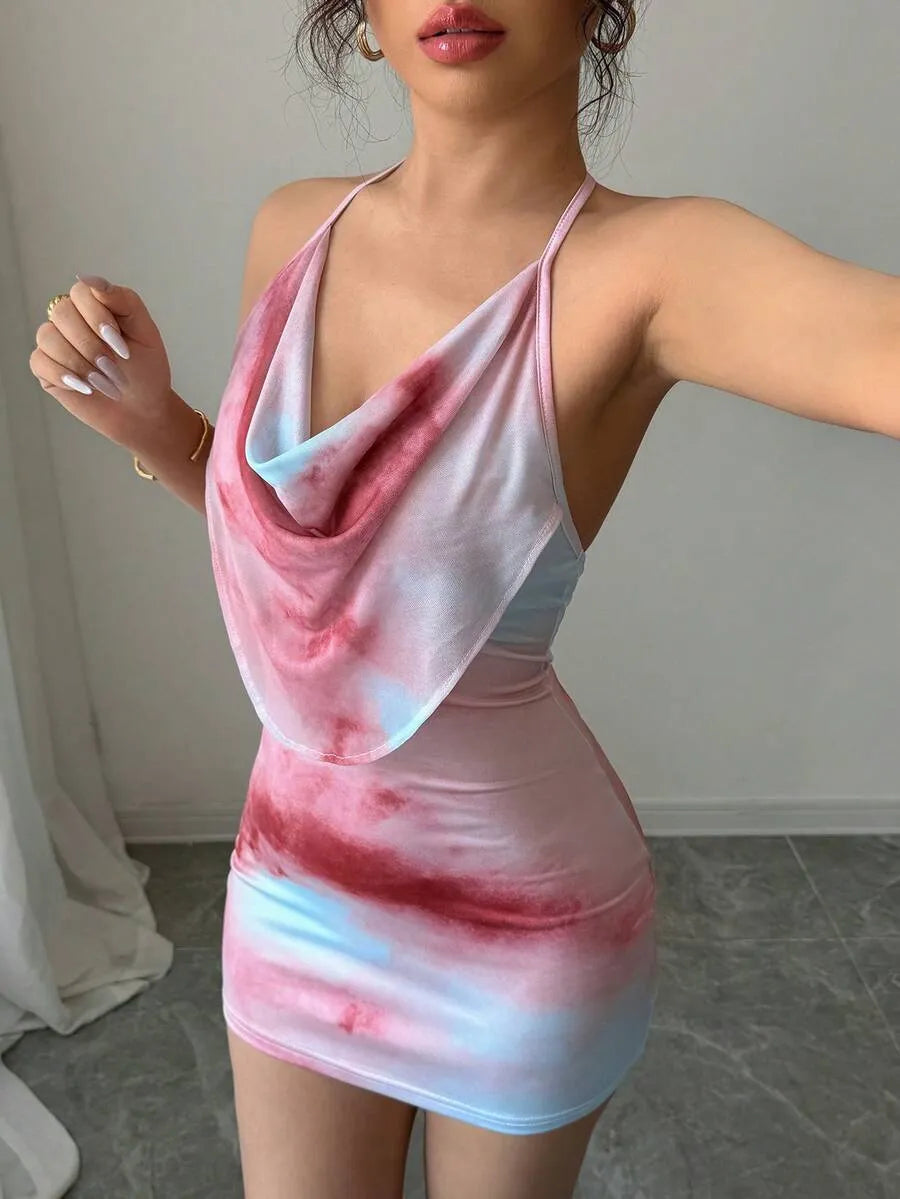 SHEIN INAWLY فستان أزرق ميني ضيق ورقبة هالتر ورباط وطبعة زهور بتصميم تاي داي