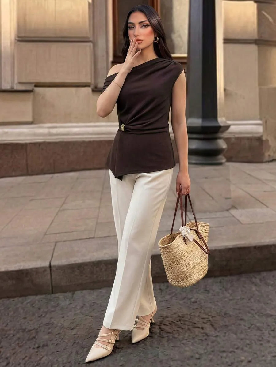 SHEIN Elenzga بلوزة نسائية أنيقة بتصميم غير متماثل