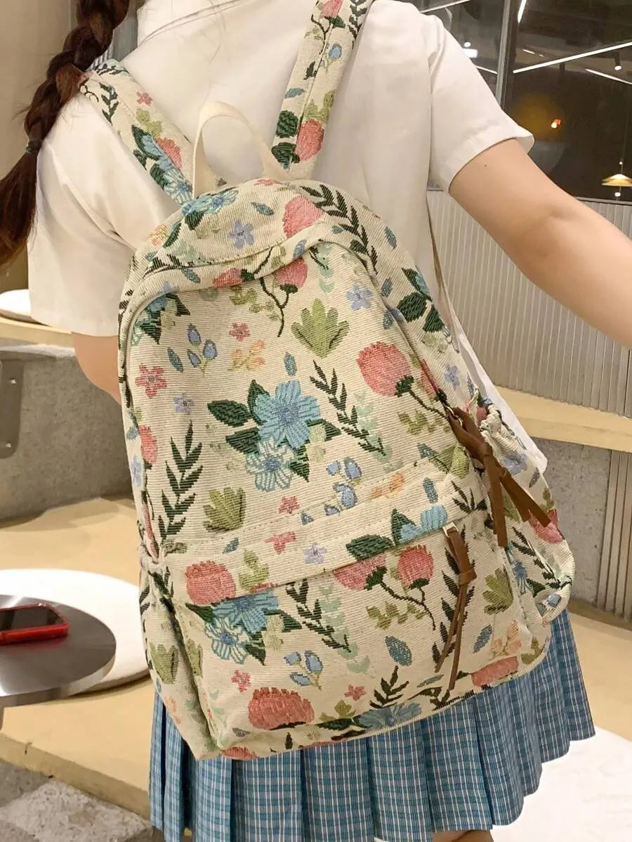SHEIN حقيبة ظهر كلاسيكية بسعة كبيرة بطباعة زهرية بسيطة للنساء
