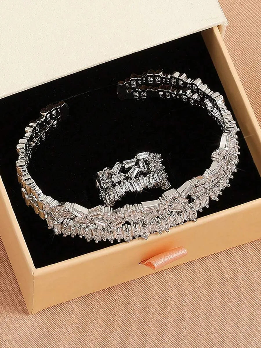 SHEIN RAKOL طقم خاتم وسوار زركونيا مكعبة منحنية قطعتين