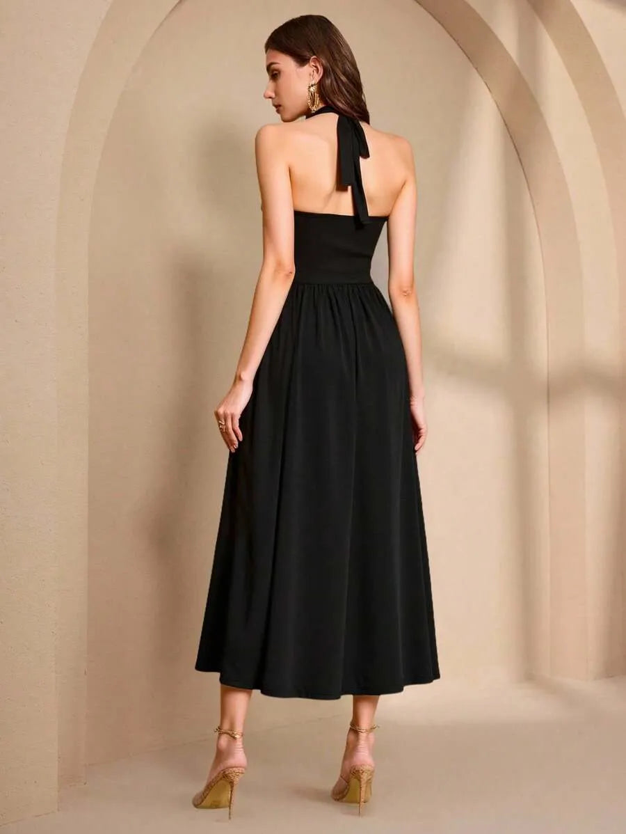 SHEIN Almamuse فستان أنيق بربطة خصر لون أسود