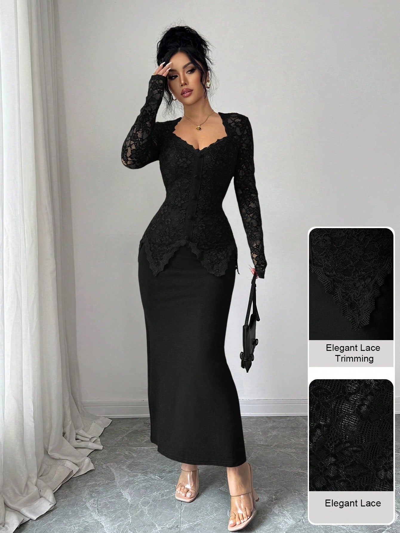 SHEIN Modelyn فستان متوسط الطول بياقة مربعة ودانتيل مع أزرار عند الخصر