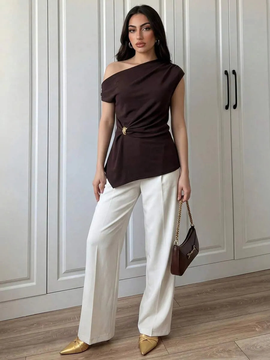 SHEIN Elenzga بلوزة نسائية أنيقة بتصميم غير متماثل