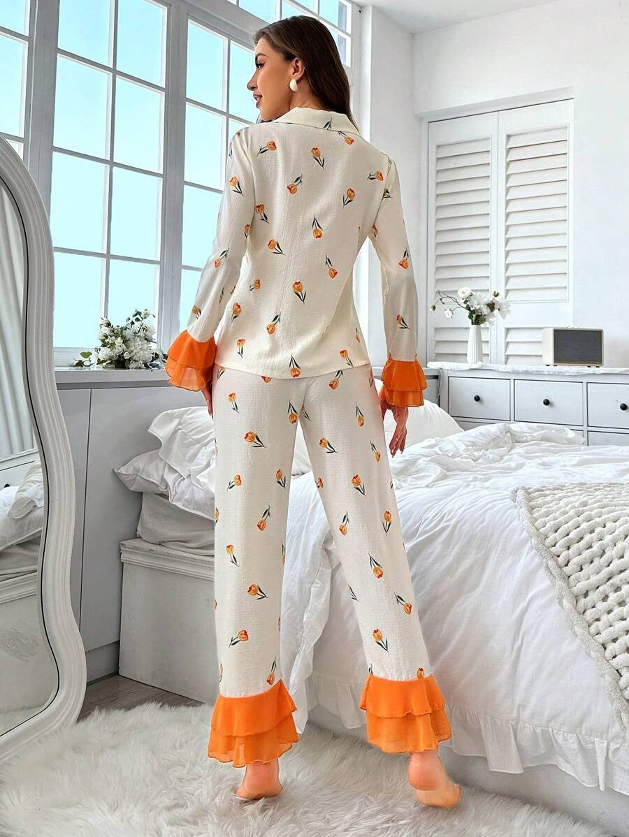 SHEIN CottageSlumber طقم بيجاما  بطبعات زهرية وتفاصيل مكشكشة