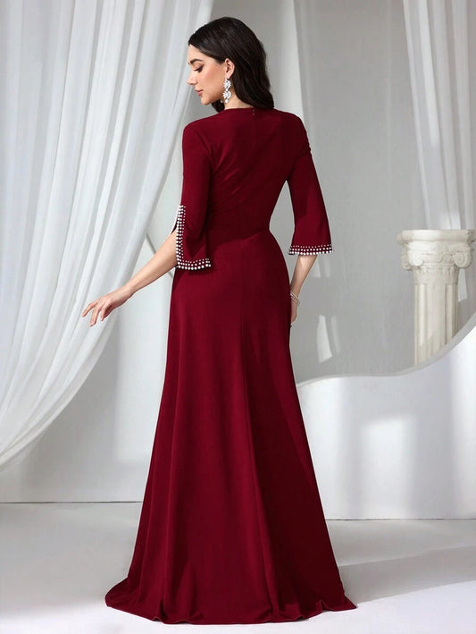 SHEIN فستان ماكسي أنيق عنابي أنيق مطرز بستايل راقي
