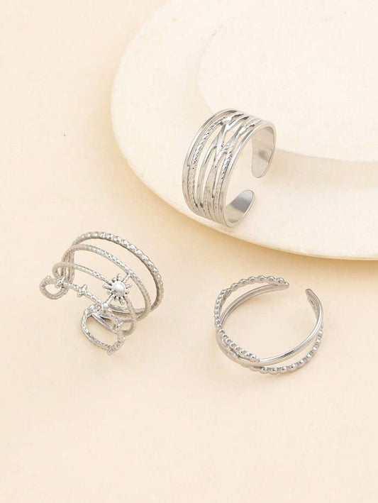 SHEIN طقم 3 خواتم فضية بشكل زهرة