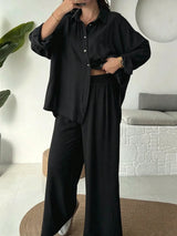 SHEIN طقم قطعتين بلون أسود قميص بياقة وأزرار أمامية وبنطلون واسع الساق