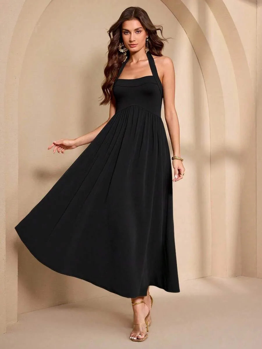 SHEIN Almamuse فستان أنيق بربطة خصر لون أسود