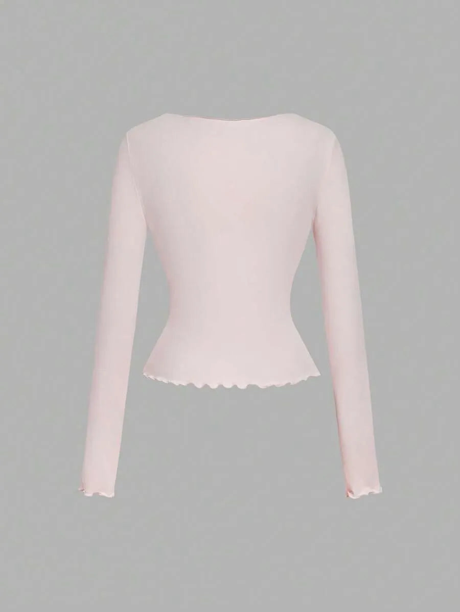 SHEIN MOD توب نسائي ضيق بأكمام طويلة وحافة دانتيل بلون وردي فاتح