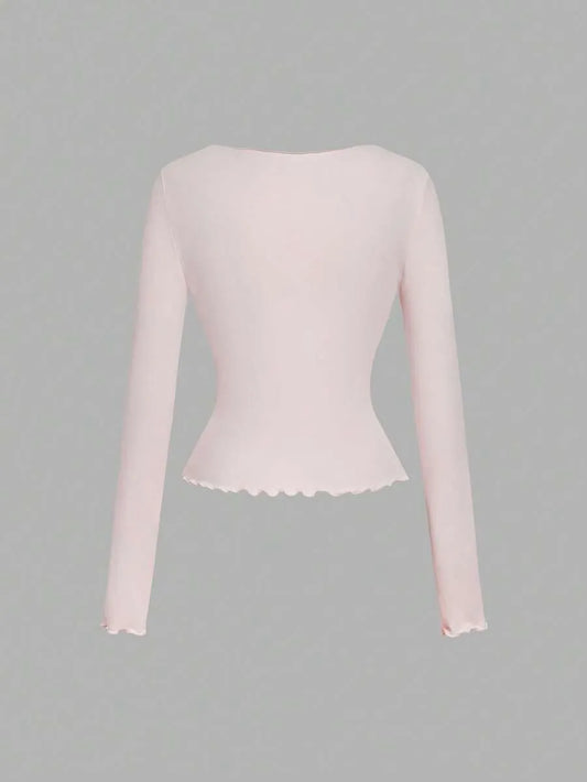 SHEIN MOD توب نسائي ضيق بأكمام طويلة وحافة دانتيل بلون وردي فاتح