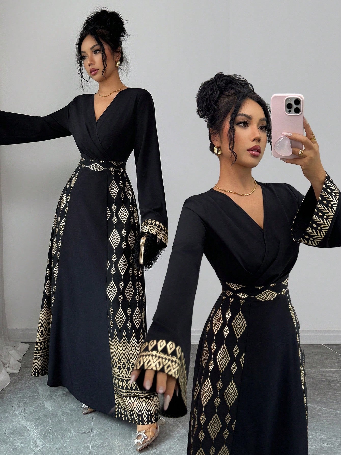 SHEIN Rafferiza فستان ماكسي شيفون بياقة مربعة وأكمام طويلة