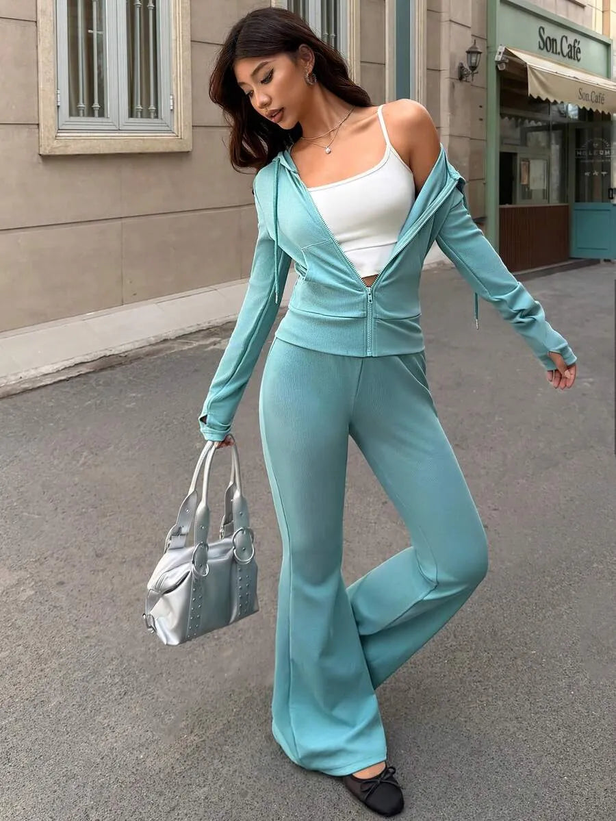 SHEIN MainGRL طقم رياضي نسائي قطعتين هودي قصير وبنطال واسع بلون أخضر