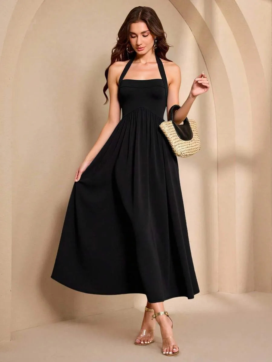 SHEIN Almamuse فستان أنيق بربطة خصر لون أسود
