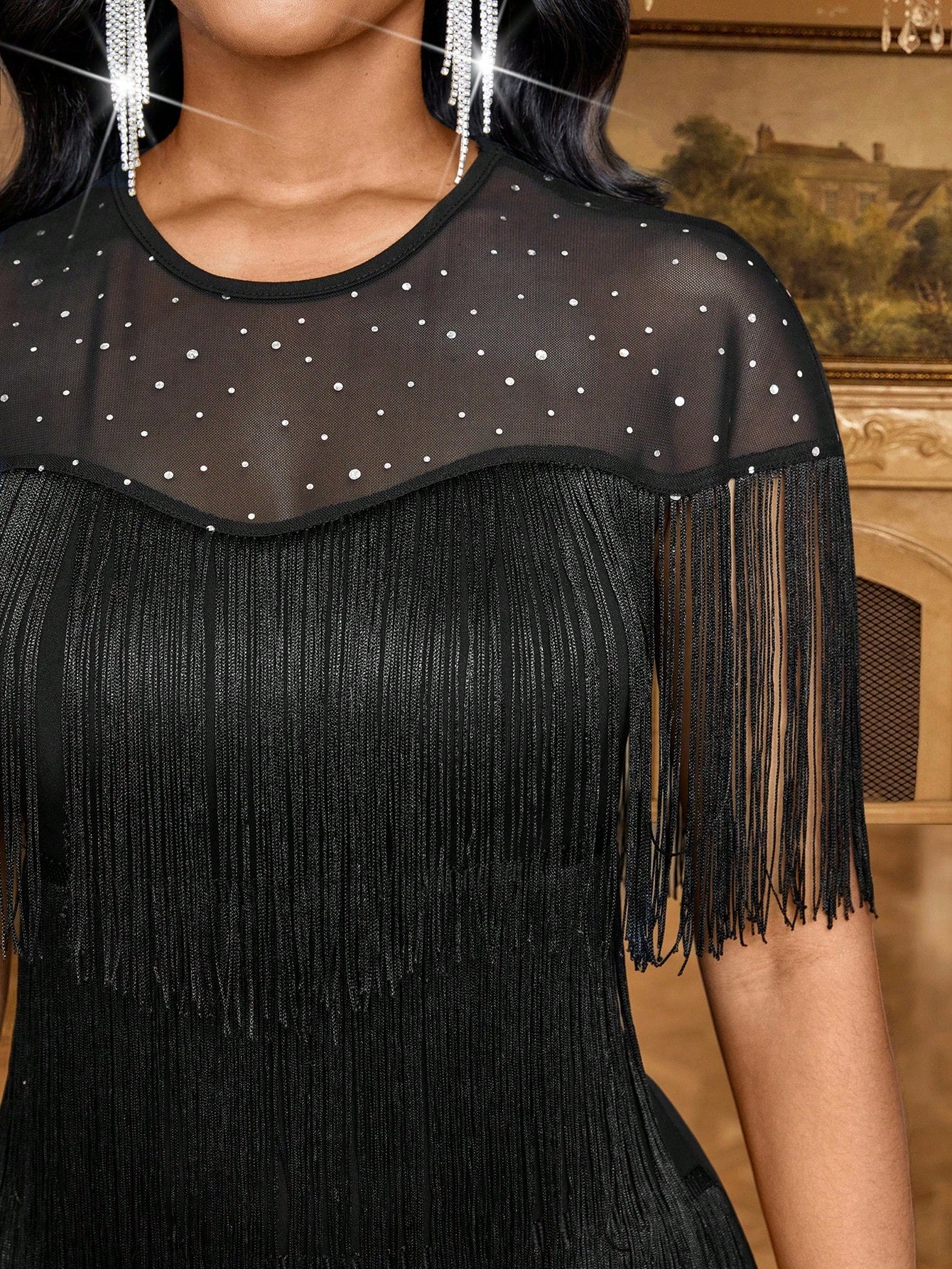 SHEIN Lady فستان أسود مطرز بالترتر وشبك مرقع بشراريب