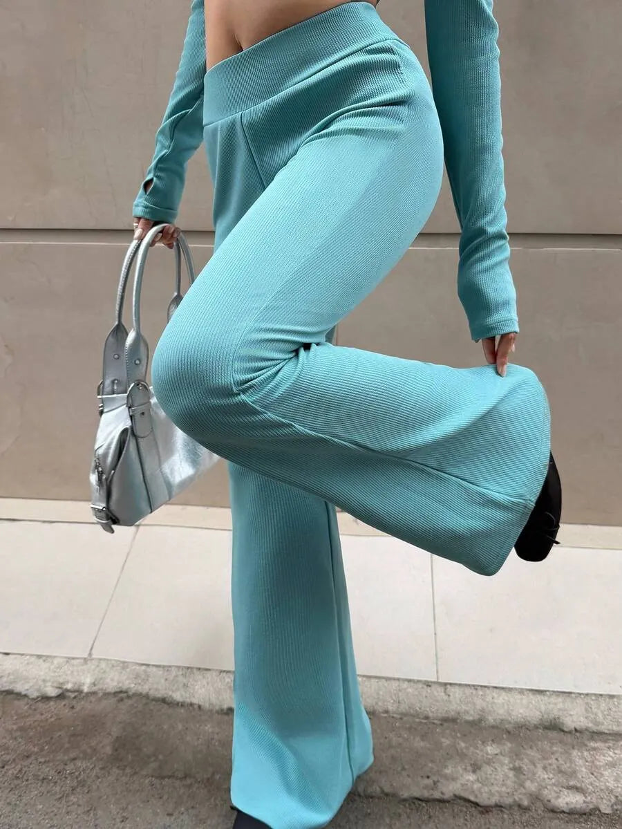 SHEIN MainGRL طقم رياضي نسائي قطعتين هودي قصير وبنطال واسع بلون أخضر