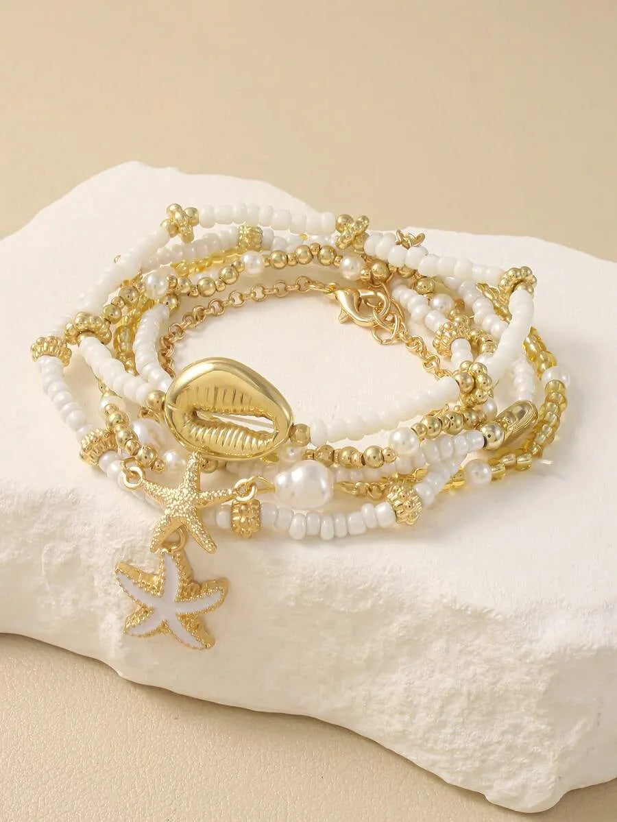 SHEIN طقم أساور شاطئية خرز ونجم البحر وأصداف 3-6 قطع