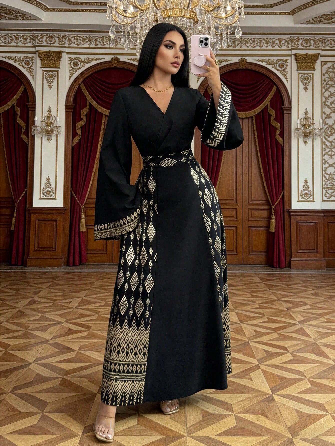 SHEIN Rafferiza فستان ماكسي شيفون بياقة مربعة وأكمام طويلة