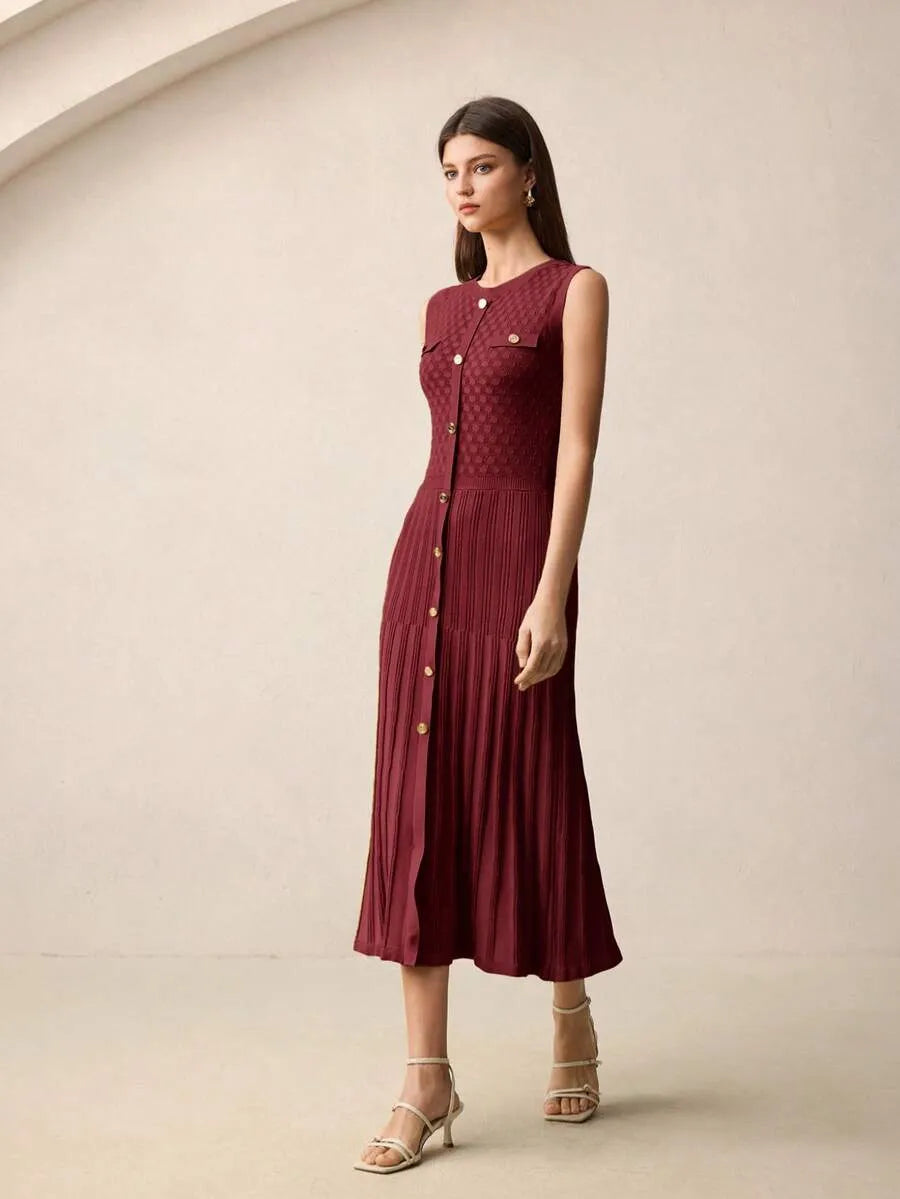 SHEIN BizChic فستان تريكو ميدي بياقة دائرية وأزرار أمامية وخصر مرتفع بلون عنابي